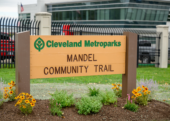 The Cleveland Metroparks sign that welcomes people to the Mandel Community Trail.