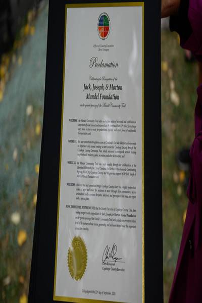 Cuyahoga County Executive Chris Ronayne's proclamation to Mandel Founation.