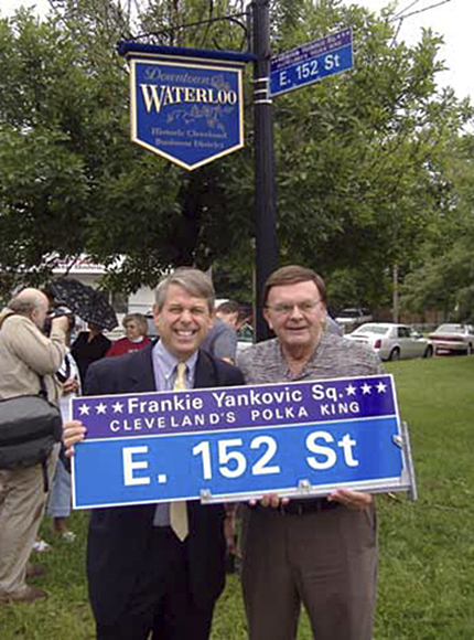 Councilman Mike Polensek and polka radio host Tony Petkovsek dedicating Frankie Yankovic Square in - photo courtesy of ClevelandSeniors.com