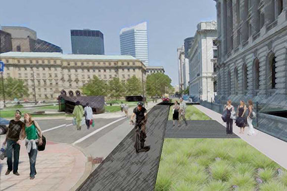 Rendering of cycling greenway along Rockwell linking Public Square to the Malls