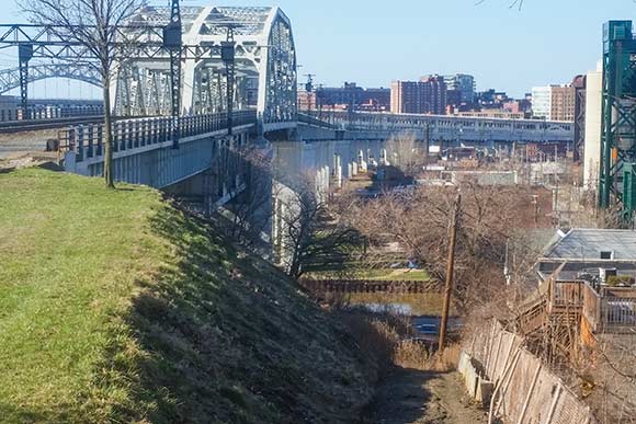 View of the Cuyahoga Viaduct and the trail to Hoopples which will access the Red Line Greenway