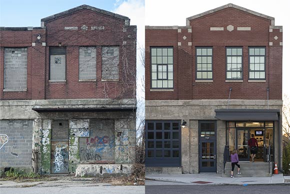The entrance to the Tremont Athletic Club now (right) and in 2012 before restoration of the Creamery