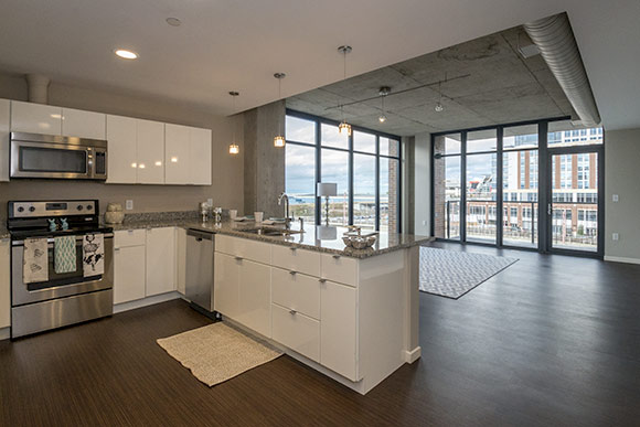 One of the two bedroom  units in the Flats East Bank Apartments 