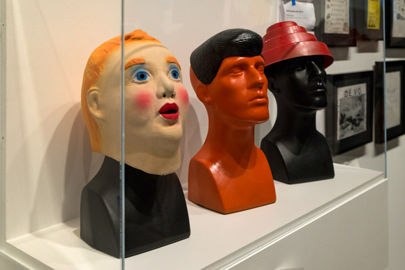 <span class="content-image-text">Booji Boy mask, far left, on display at MOCA Cleveland</span>
