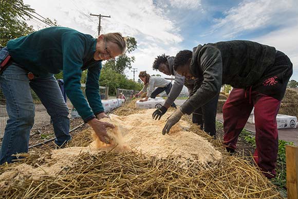 Building a compost pile at GrowTown Penrose Market Garden