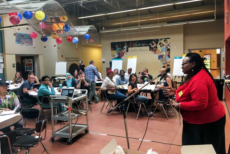Gwen Garth, an artist and CAC board member, and a member of the SfAPT speaking at a meeting