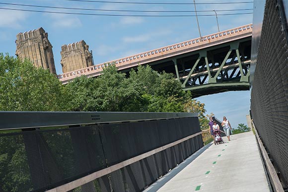 The Guardians of Traffic loom over the Centennial Trail along the Scranton Flats