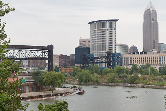 Flats Industrial Railroad Bridge (foreground) with the Carter Road Bridge further down the river