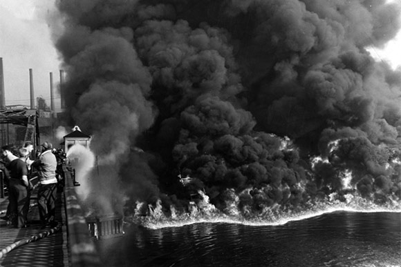 The burning Cuyahoga River in 1952