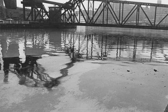 An oil slick in the Cuyahoga River in 1965