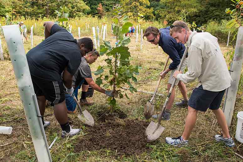 Cousteau helping students with tree planting near the Everett Covered Bridge