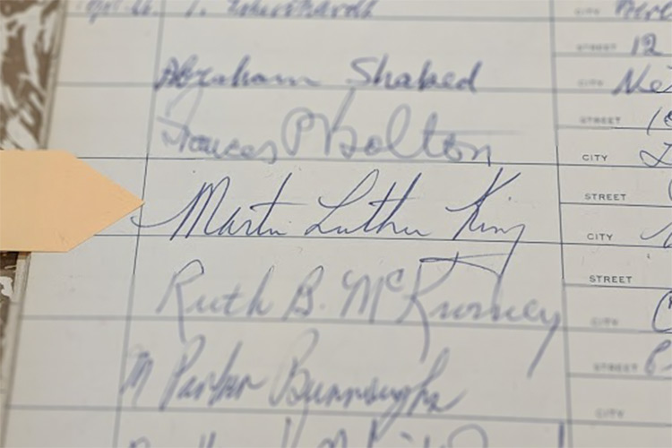 Dr. Martin Luther King, Jr. visited Karamu House and signed the guestbook in 1963 while in town to deliver a speech at Olivet Institutional Baptist Church