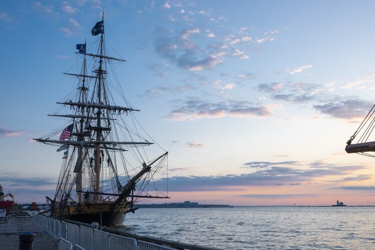 U.S. Brig Niagara at sunset. A replica of the flagship of Commodore Oliver Hazard Perry. Home port in Erie< Pennsylvania