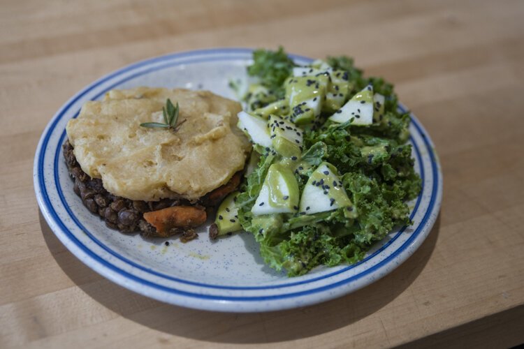 Baba Yaga’s Shepards Pie - Lentil vegetable berber spice, topped with creamy mashed potatoes.
