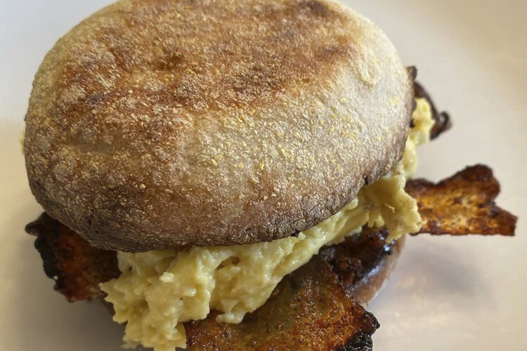 Birch Café chain breakfast sandwich look alike made with JUST scrambled eggs and rice paper bacon
