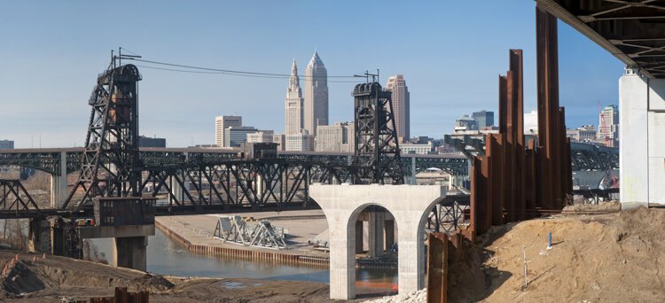 The view from Tremont with the new Innerbelt Bridge still under construction in 2013.