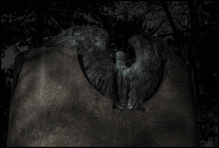 "Laila’s Back" is a photo from "Moonlight in the Gates: 150 Years of Lake View Cemetery in a New Reflective Light,” an outdoor exhibit by Michael Weil.