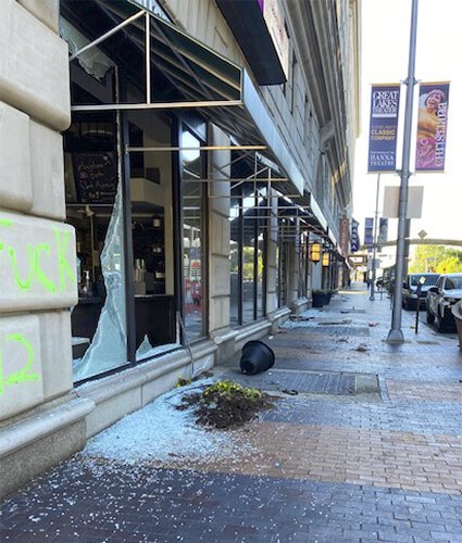 Downtown damage from rioters during the protest.