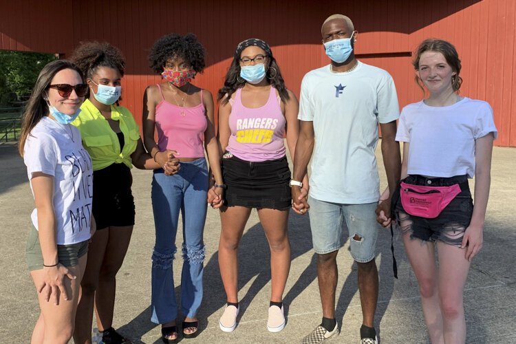 Speakers at the Kneel In at Lakewood Park (L-R) Monica Ramos, Laniqua Jones, Nasia Shields, Ayanna Ramos, Tyler Hannah and organizer Sydney Heckeler