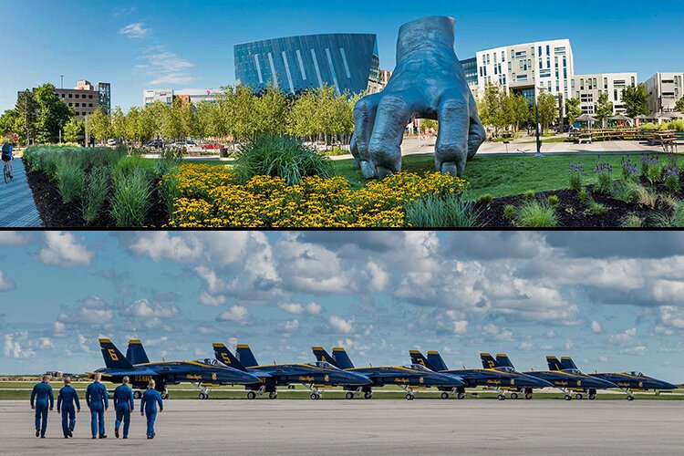 Top: July 2018 –Judy's Hand Pavilion by artist Tony Tasset in Uptown -- Bottom: August 2018 – Blue Angels - Cleveland National Air Show