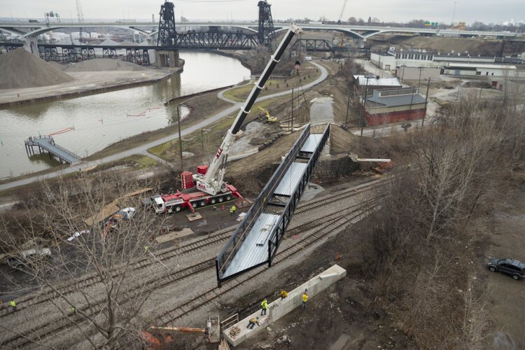 Scranton Road Bridge being put into place for the Lake Link Trail in 2015.