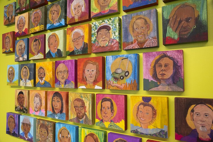 Detail of Melissa Bloom’s series of 71 miniature portraits which lovingly document the show’s exhibiting artists.