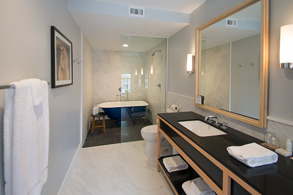 The bathroom in one of the suites in the hotel