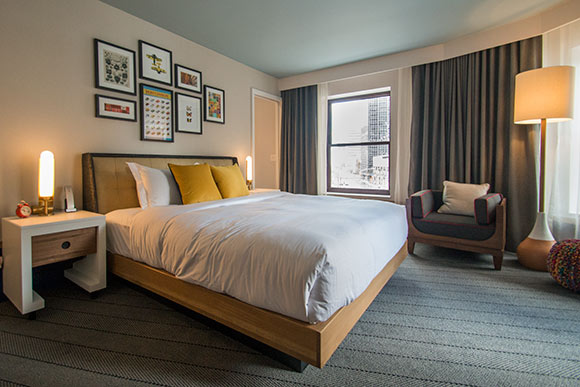 The bedroom in one of the suites in the hotel