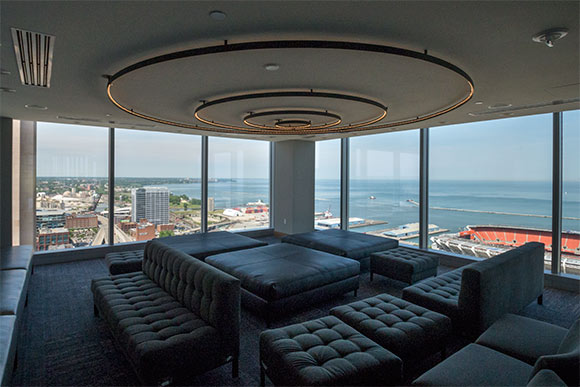 The lounge area of Bar 32, highlighting sweeping views of Lake Erie and the city