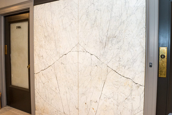 The beautiful original "book matched" marble halways in the Standard Building