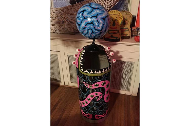 Painted garbage can by artist Jake Kelly