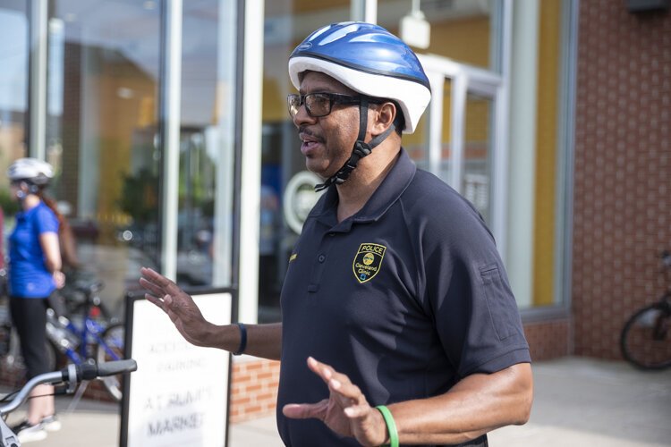 Cleveland Police Officer Derrick Dark leads the first group during the Ride + Learn: The Future of Fairfax bike tour
