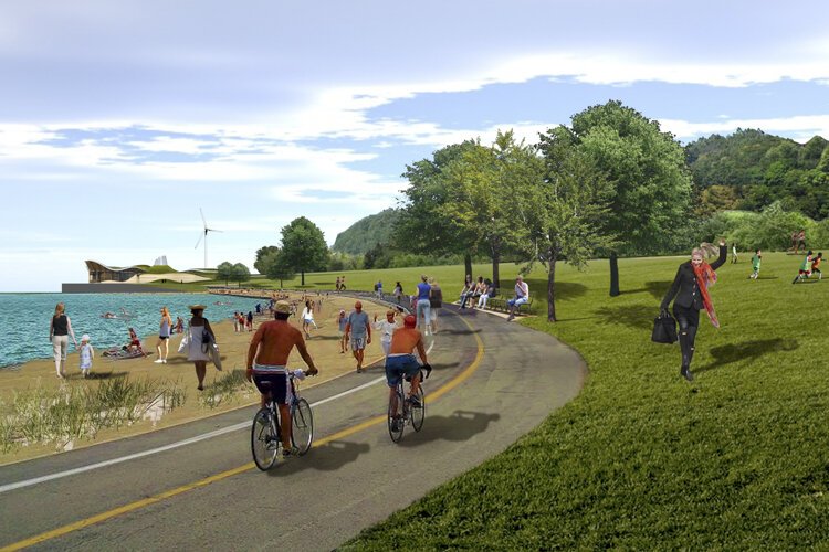 Rendering showing a proposed park and beach on the Burke Lakefront Airport site
