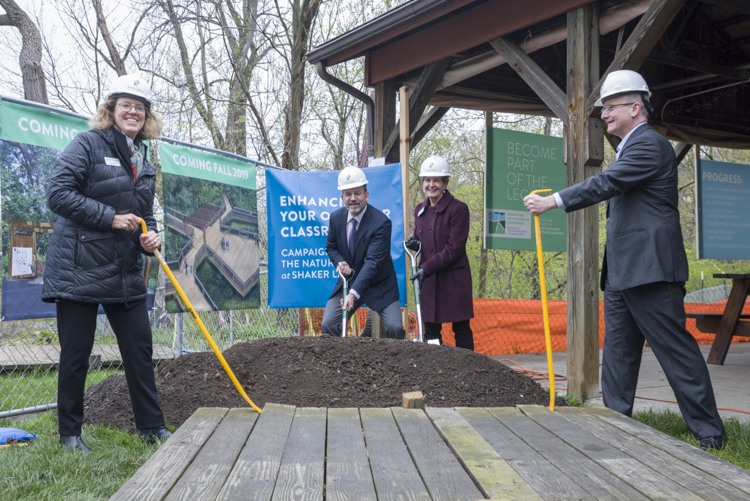 Nature Center at Shaker Lakes capital improvement groundbreaking event: Kay Carlson, Nature Center President and CEO, David Lavelle, Campaign co-chair, Cindy Klug, Campaign co-chair and Jim Dixon, Board Chair 