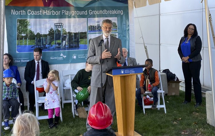 Cleveland Mayor Frank Jackson speaks at the groundbreaking for downtown Cleveland’s first public playground Oct. 28 at North Coast Harbor.
