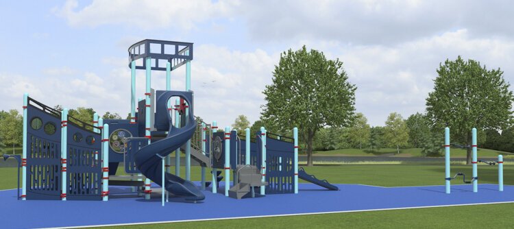 <span class="content-image-text">Designed by Landscape Structures Inc. to mirror the nearby Steamship William G. Mather, the 1,575-square-foot playground will feature slides and climbing components</span>