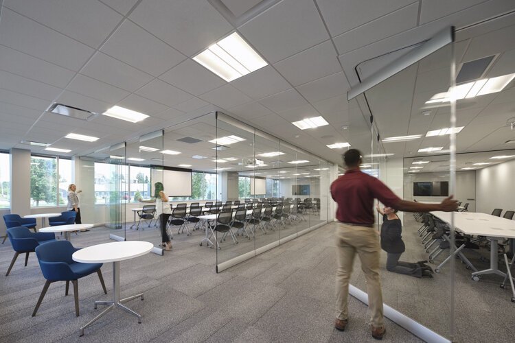 The highlight of the $3.5 million expansion project is a collapsible glass room that is used as a training center and can be broken into four smaller rooms