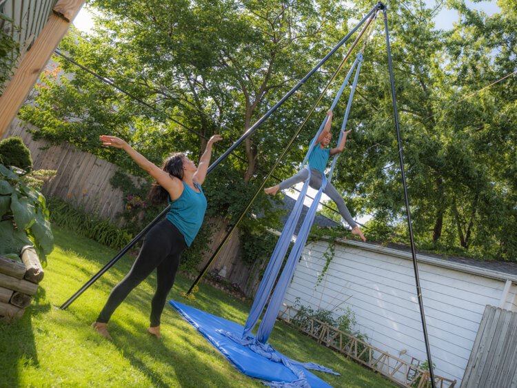 Jennifer Sandoval Eccher and her daughter Sophia of Marquez Dance Project practicing in their backyard for the performance.