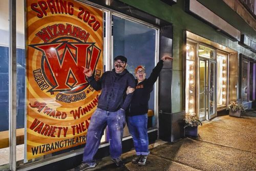 Wizbang founders Jason and Danielle Tilk in front of their new location in the former Kalliope Stage space inCleveland Heights.