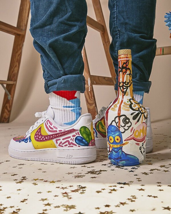 Christa Freehands, Untitled (Sneakers), Acrylic paint on sneakers & bottle