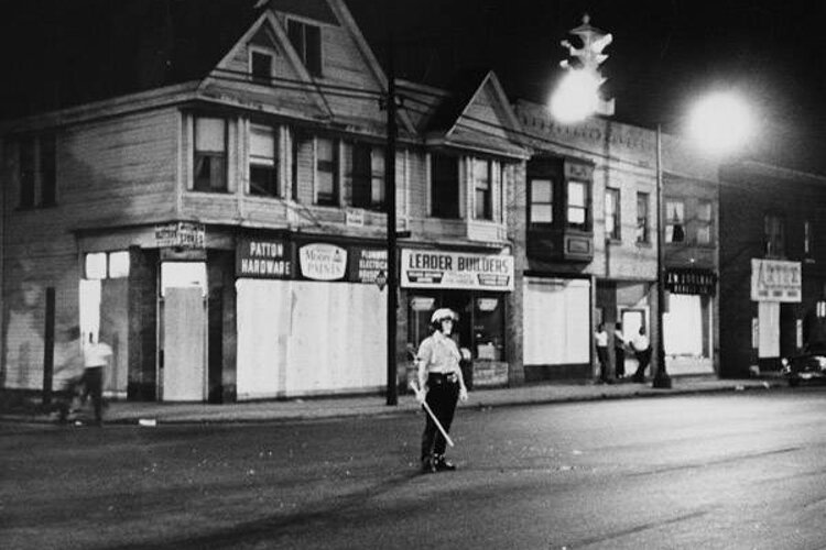 Lone Riot Control Officer in the Hough neighborhood, 1966.