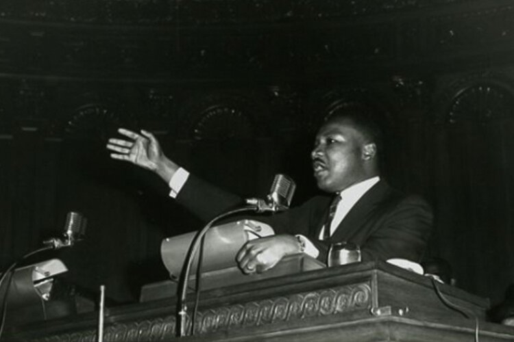 Dr. Martin Luther King, Jr. speaking at Cory United Methodist Church in 1963.