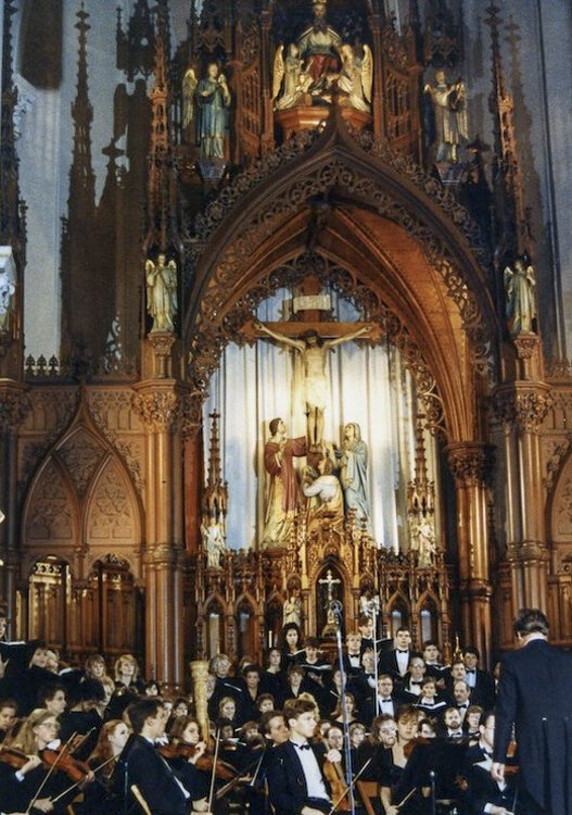The St Stepen church tower dominates the main entrance from West 58th Street.