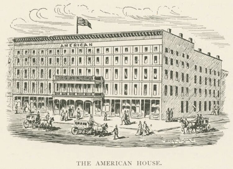 The congregation at St. Paul’s church originally met in the American House Hotel on Superior Street.. Wood engraving by Norval Jordan 1840