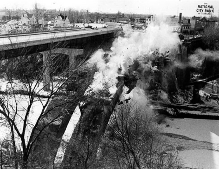 The 1910 Detroit Rocky River Bridge was demolished in 1981 with dynamite