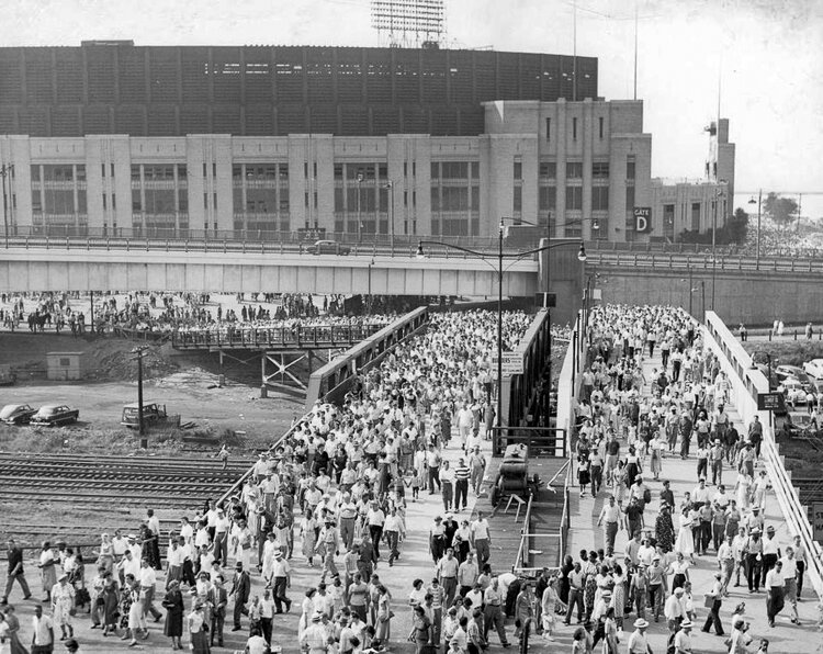 The fan bridges to the stadium in 1949