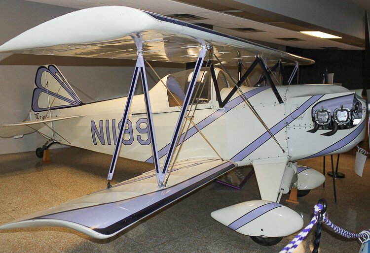 Pilot Tracy Pilurs’ aircraft, which she built herself in her garage in the 1960s