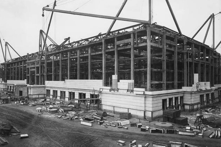 North façade during construction, August 16, 1914.