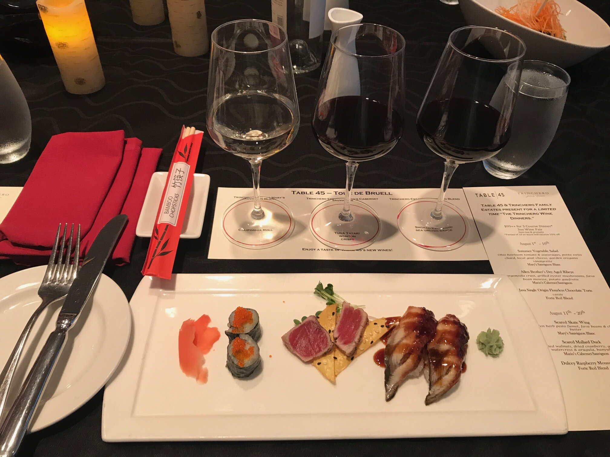 Wine and sushi flights at Table 45