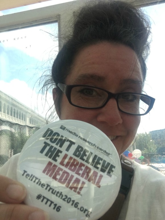 Erin O'Brien displays a political button